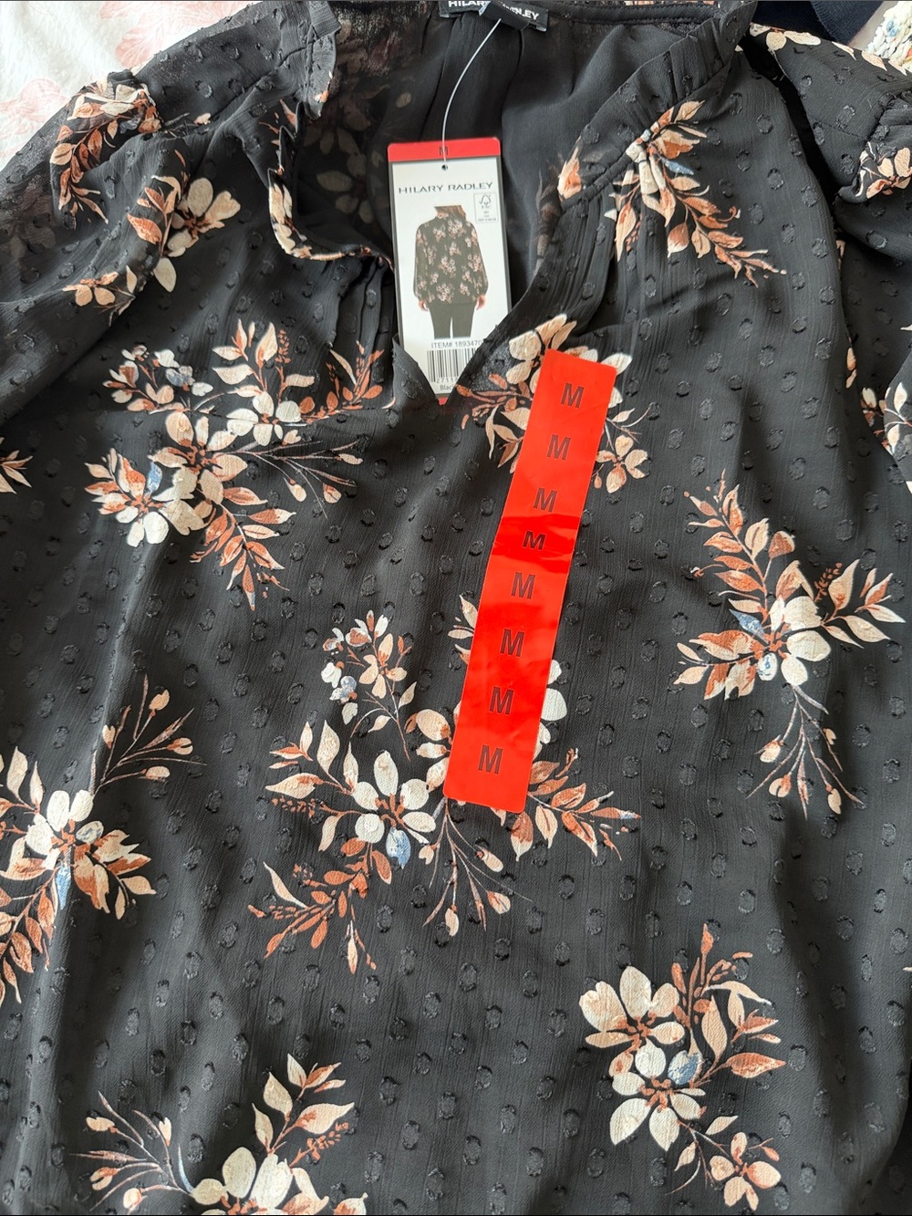 Hilary Radley Black Floral Tie-Neck Peasant Blouse